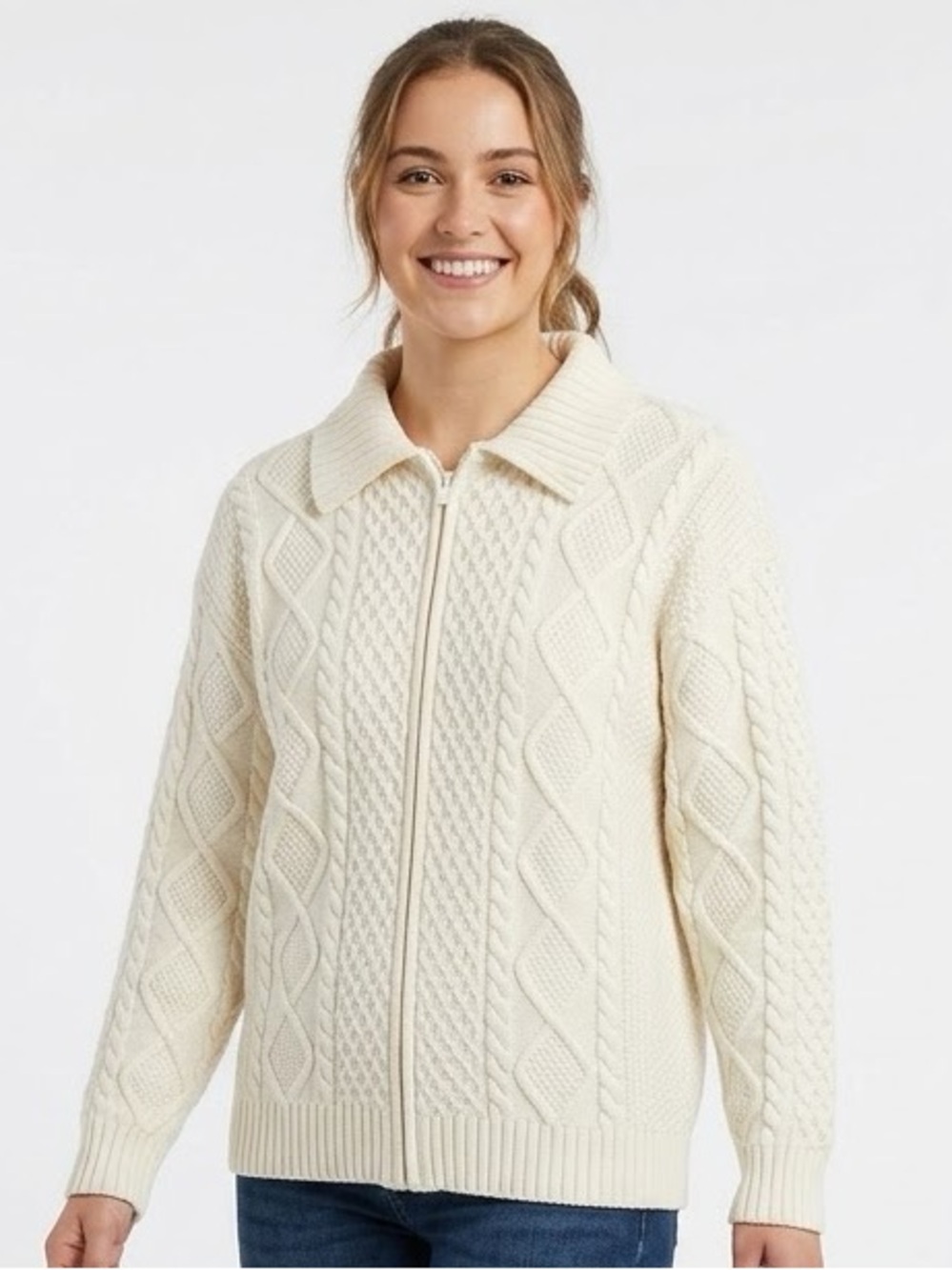 Sunday Best Cream Cable Knit Zip-Up Cardigan Oversized Size M